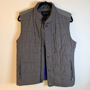 Banana Republic Mens Wool Blend Quilted Vest Gray Mock Neck Zip Snap Small